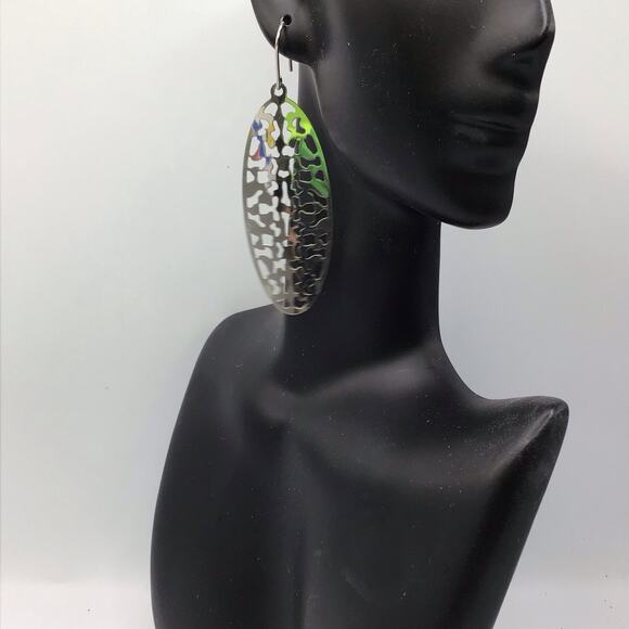 Sterling Silver Oval Cutout Dangle Earrings Hook 5.3g Modern Abstract Design - Picture 3 of 15